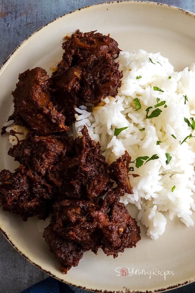 A plate of beef rendang and white rice. 