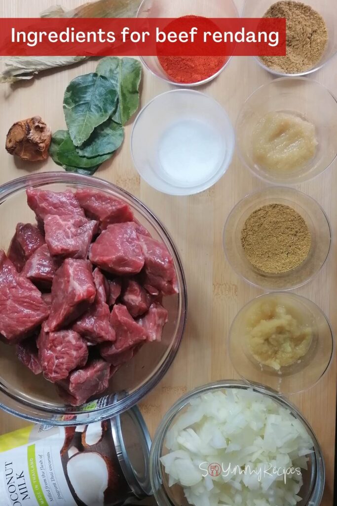Photo of ingredients for beef rendang.