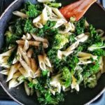Pasta with green curly kale and broccoli