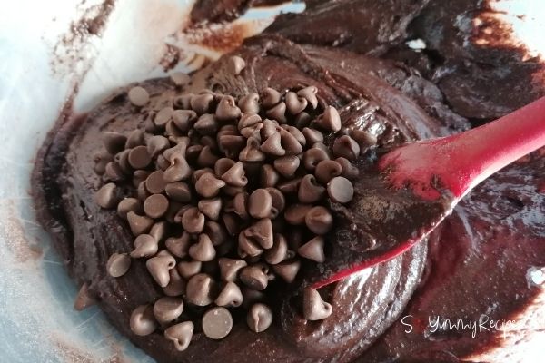 chocolate chips in the chocolate brownies batter