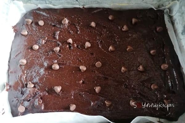 chocolate brownies batter in a traybake