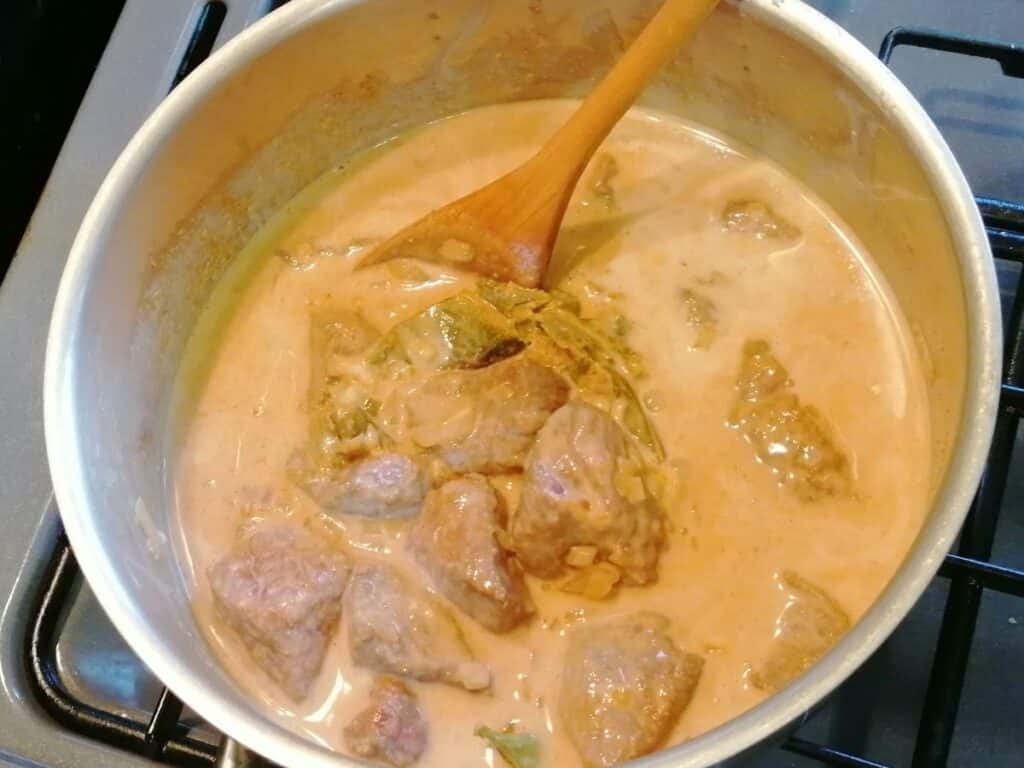 beef cooked in spices and coconut milk to make rendang