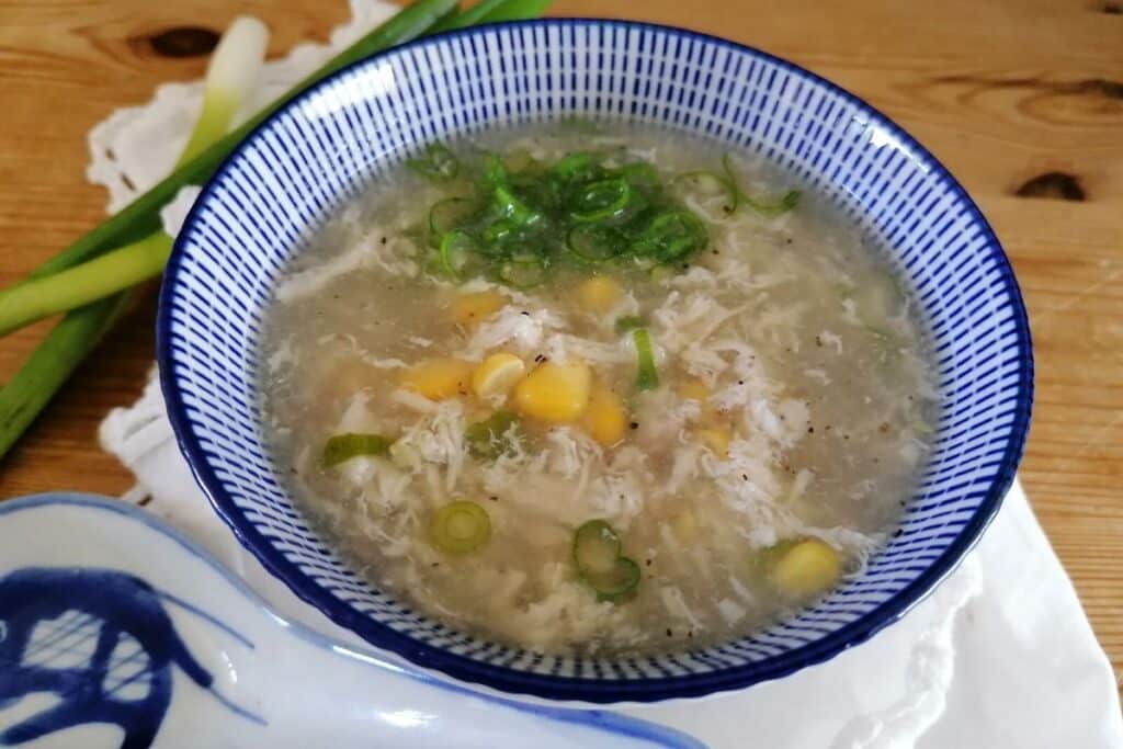 A bowl of Indonesian chicken and sweet corn soup
