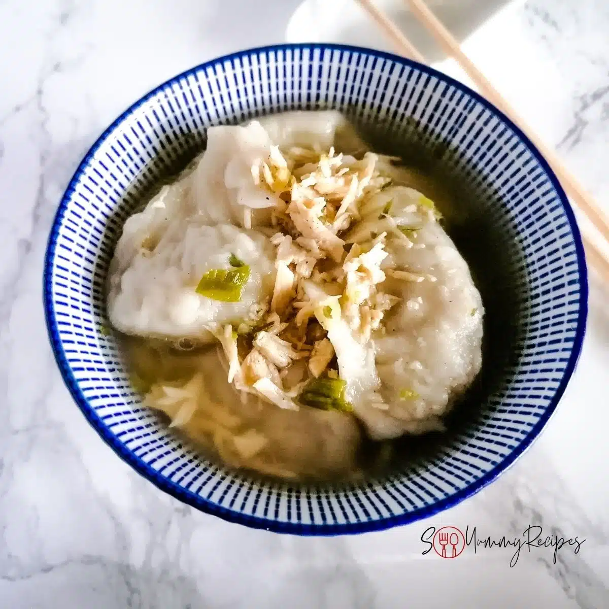 a bowl of Indonesian chicken wontons