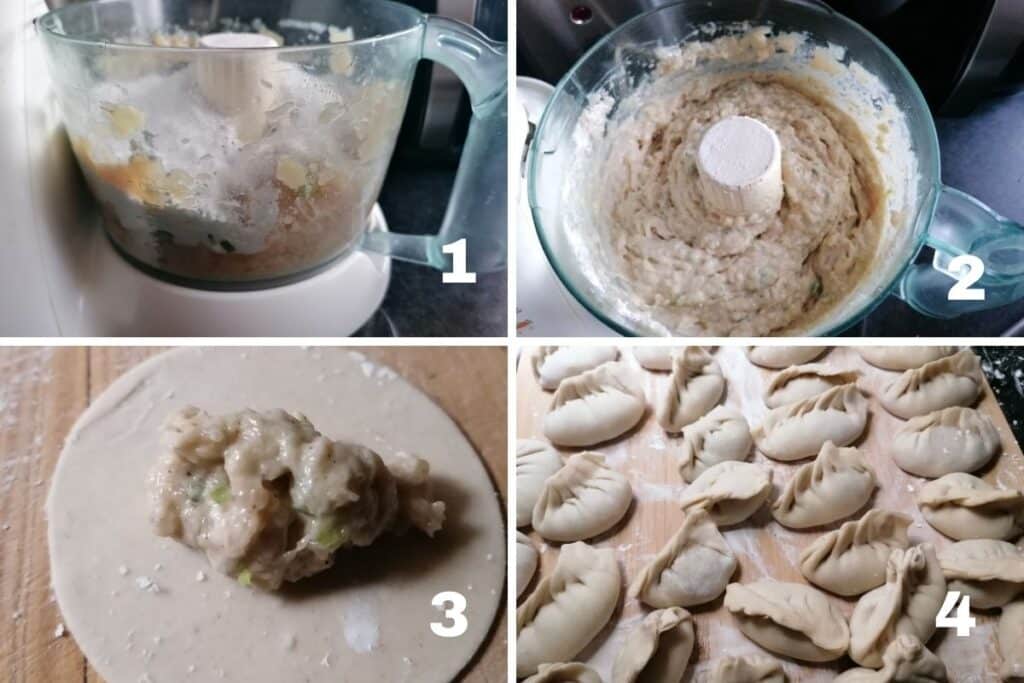 chicken mince in a food processor and dumplings on a chopping board