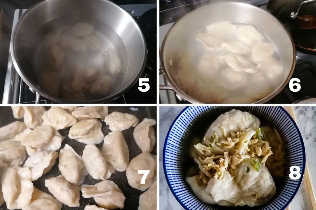 boiling dumplings in a pan and a bowl of ready-cooked dumplings