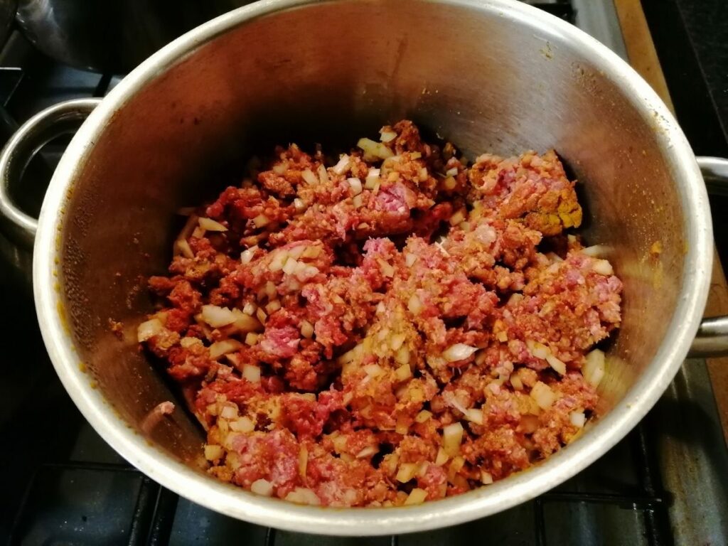 lamb minced meat with chopped onions and spices