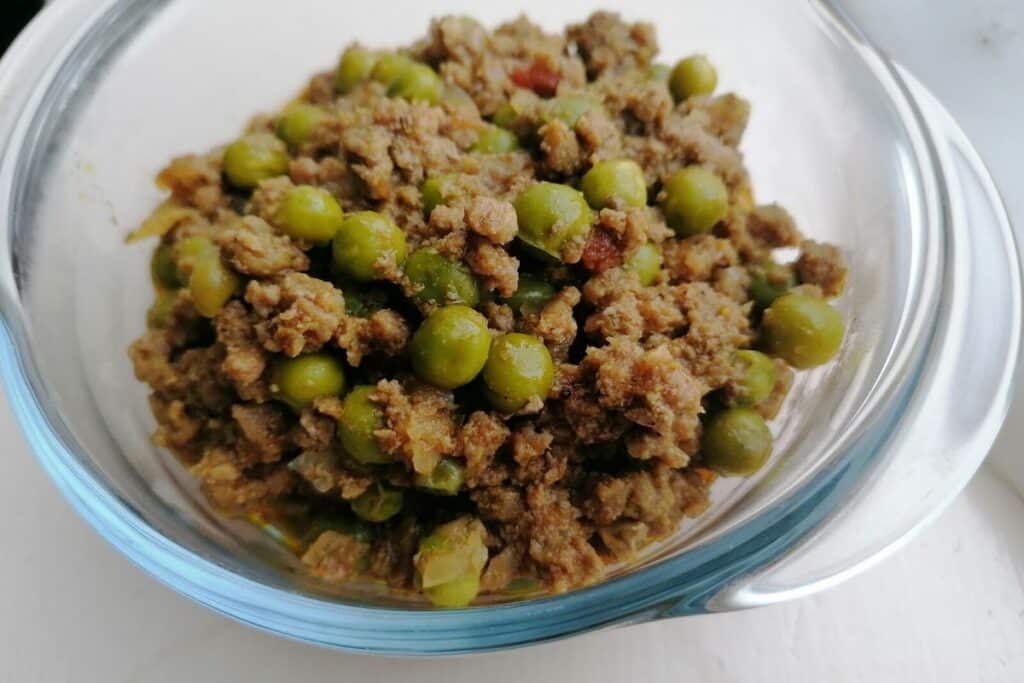 A bowl of lamb keema matar - Pakistani lamb minced meat with green peas curry