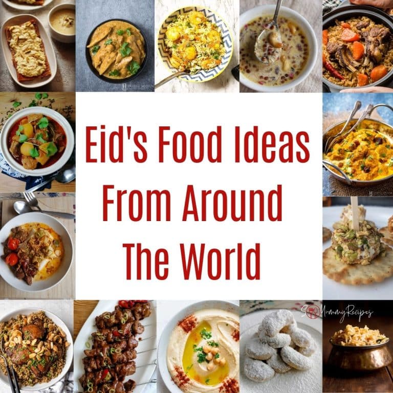 Photo collage of Eid foods from around the world with overlay text.