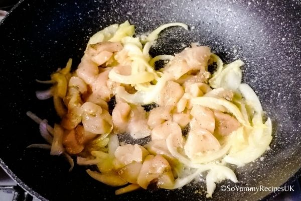 frying chicken pieces, and onion