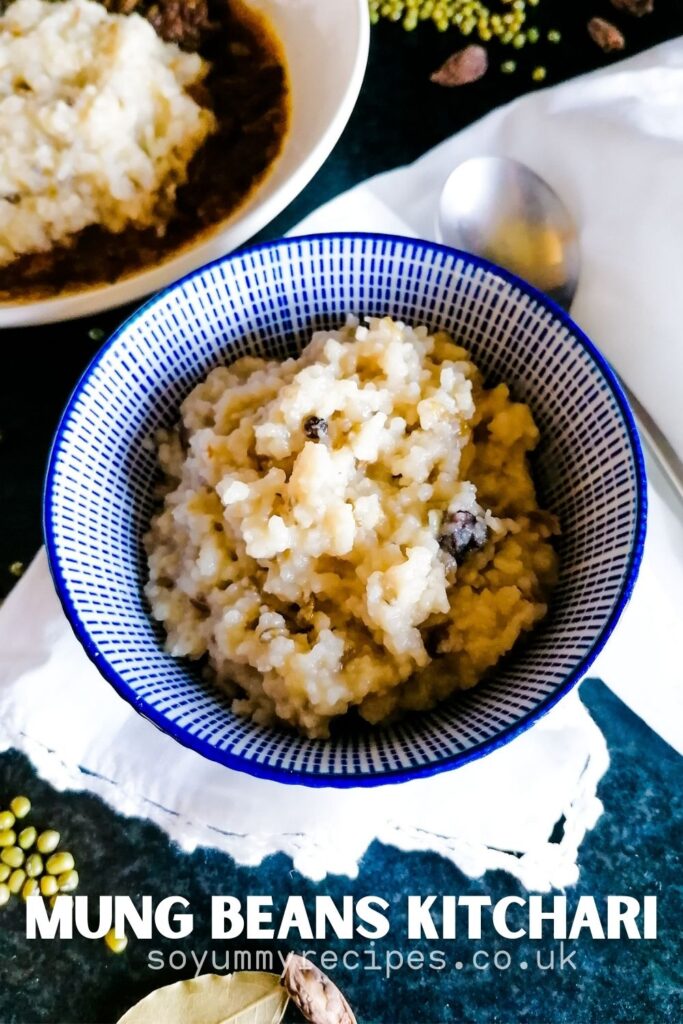 a bowl of kitchari with overlay text of mung beans kitchari