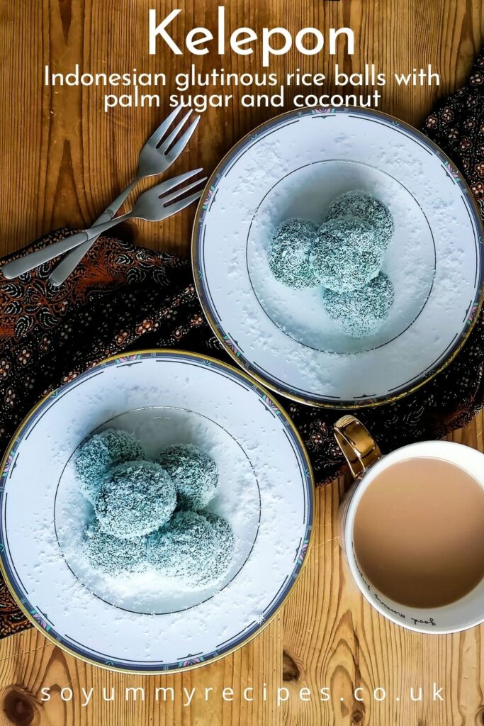 two plates of Klepon - Indonesian dessert made of glutinous rice flour - with overlay text