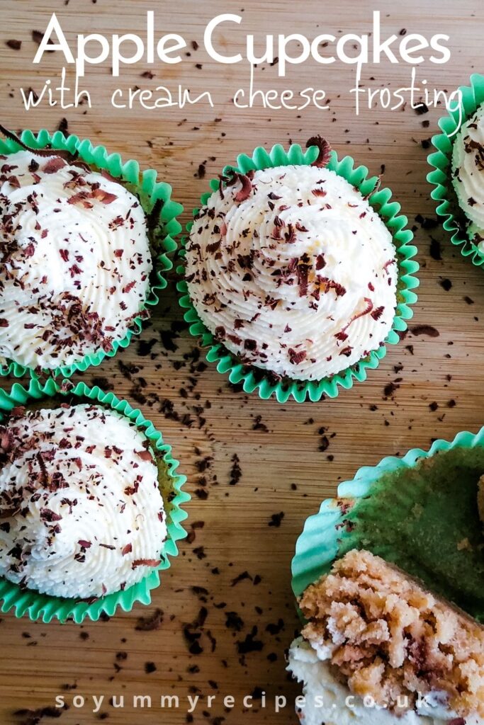 apple cupcakes with cream cheese frosting with overlay text
