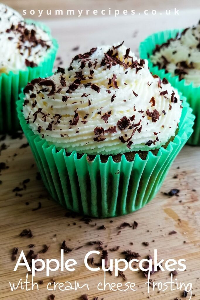 a cupcake with overlay text of apple cupcakes with cream cheese frosting