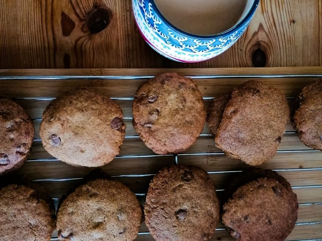chocolate chip cookies with coconut oil and a mug of coffee