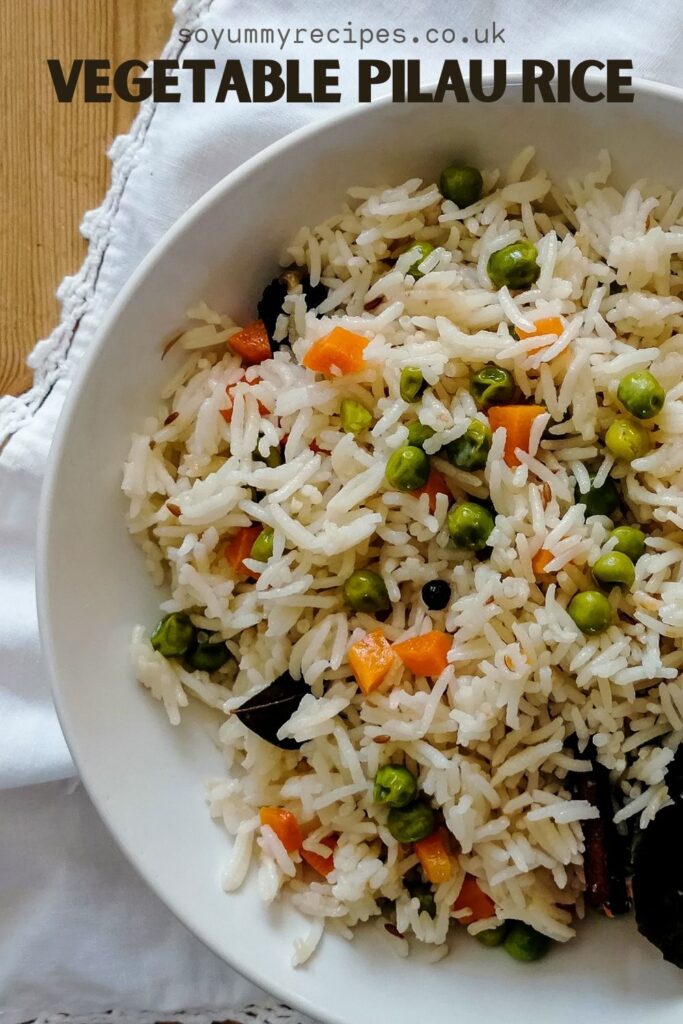 vegetable pilau rice with an overlay text