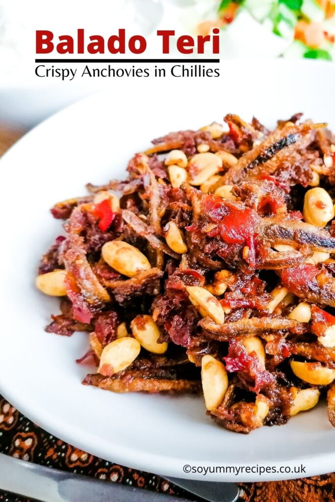 Spicy anchovies and peanuts with overlay text