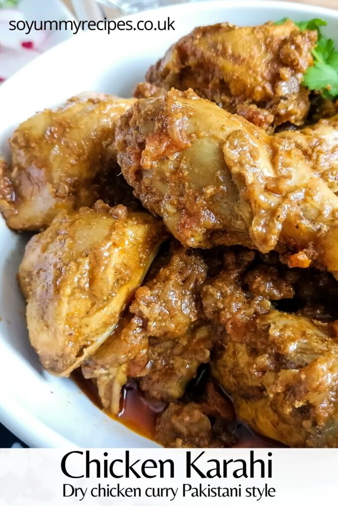 Pakistani chicken karahi with overlay text