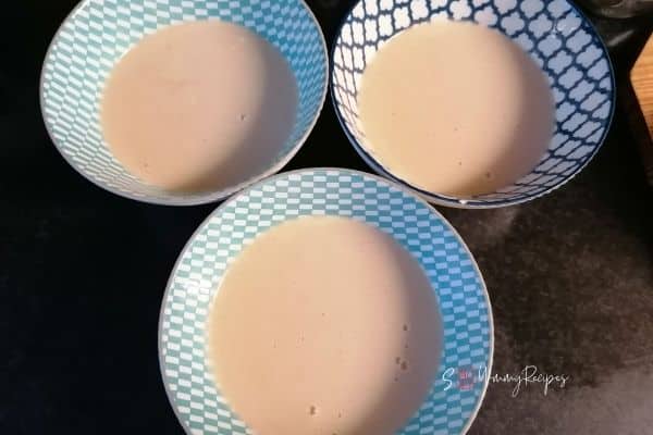 three bowls of pancake batter