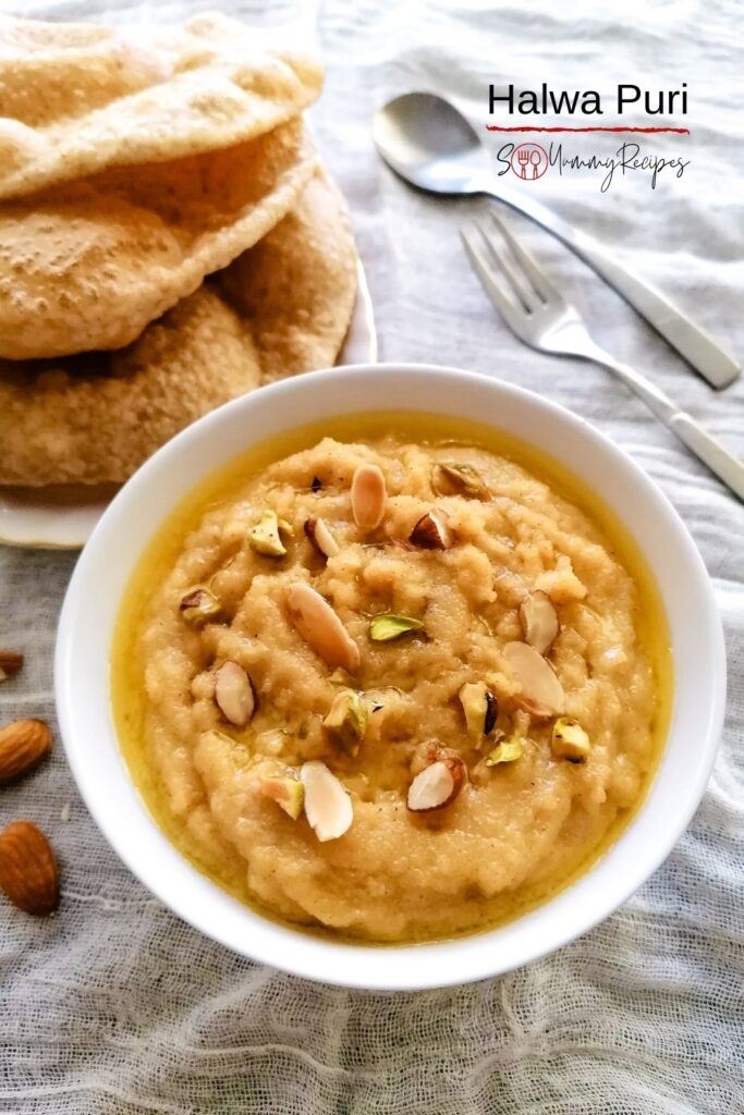 A bowl of Halwa and a pile of Puris with overlay text