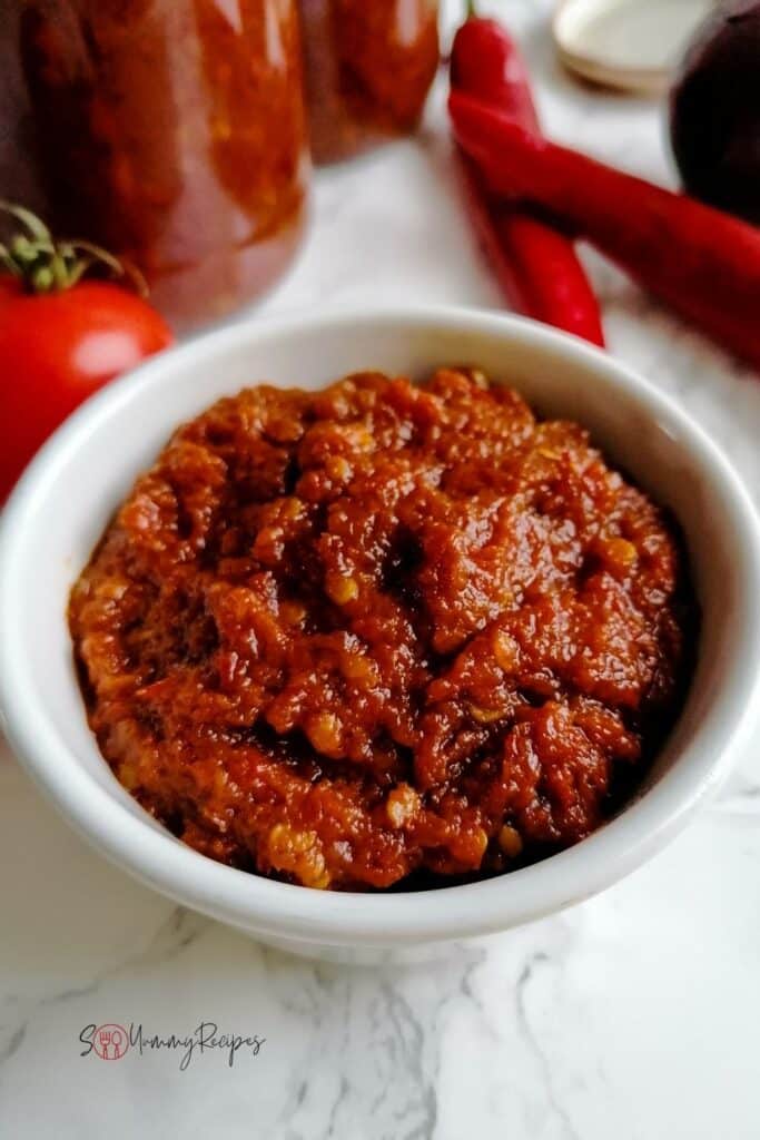 a bowl of Sambal Goreng Terasi - the Indonesian chilli sauce with dried shrimp paste