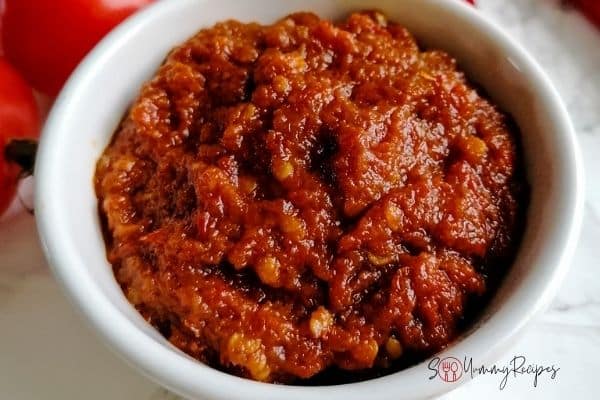 a bowl of ready cooked Indonesian chilli sauce with shrimp paste