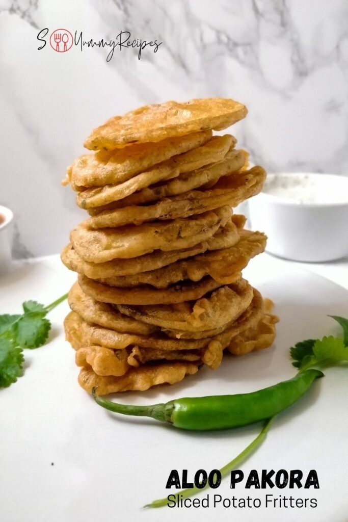 potato pakora with an overlay text of aloo pakora