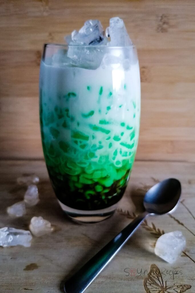 a glass of cendol - Indonesian dessert made of rice flour  with palm sugar and coconut milk