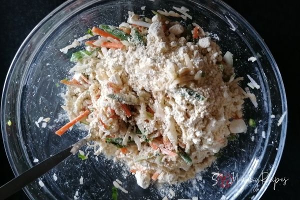 a mix of sliced vegetables with chickpea flour