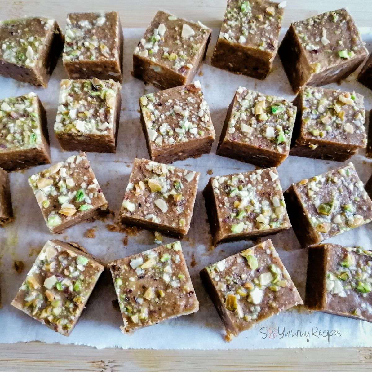 small squares of Besan Barfi - the sweet chickpea fudge