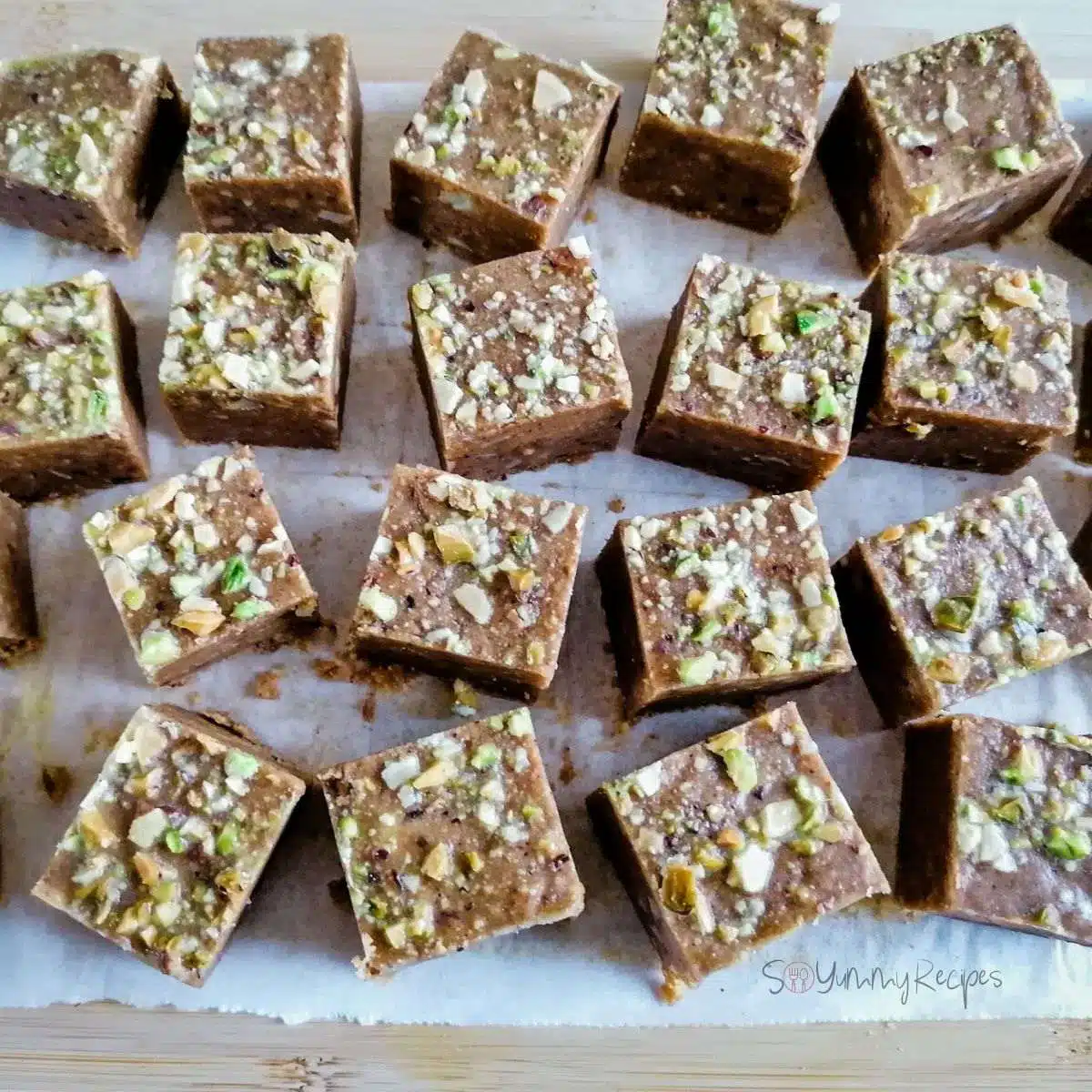 small squares of Besan Barfi - the sweet chickpea fudge