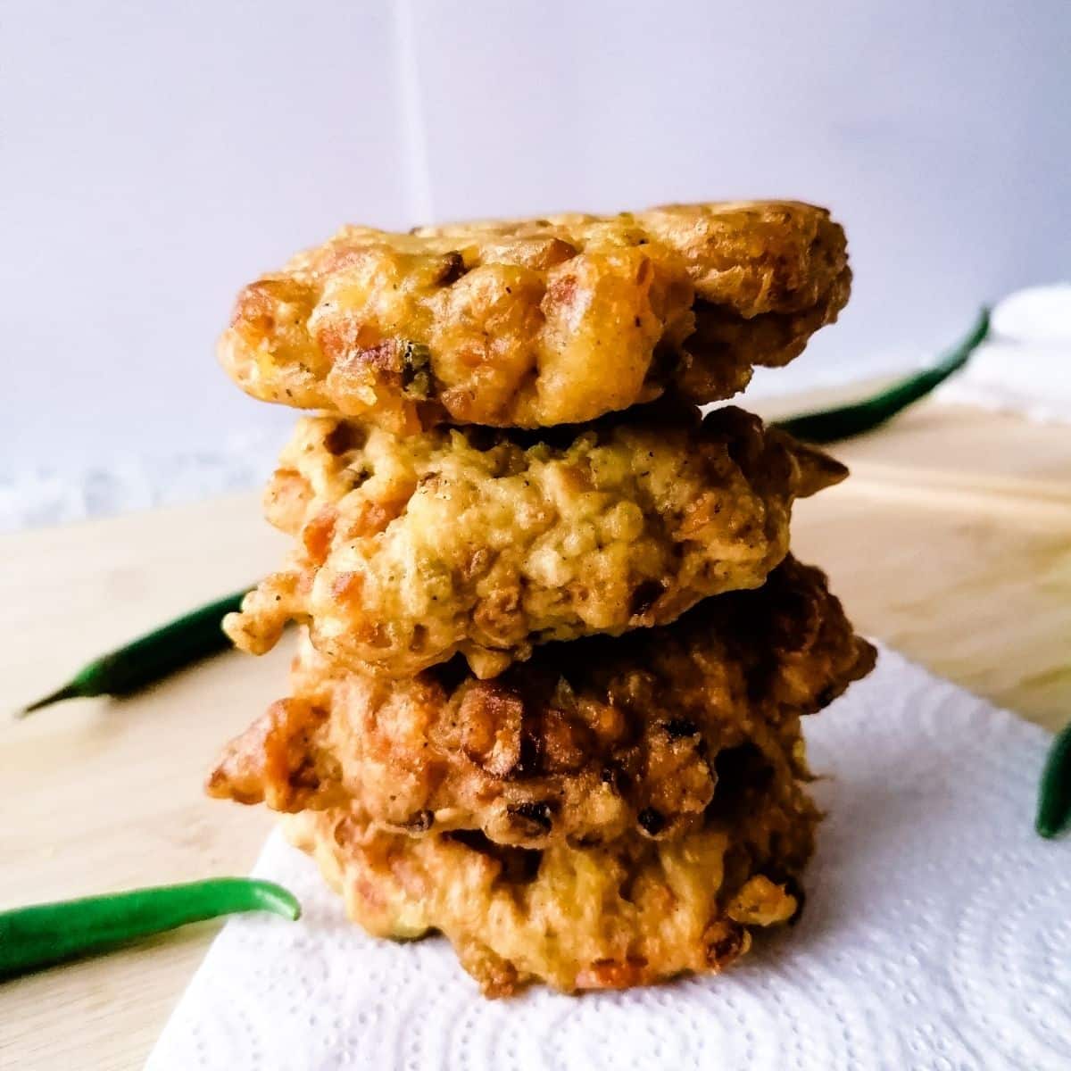 a stack of Perkedel Tempe - the Indonesian tempeh fritters