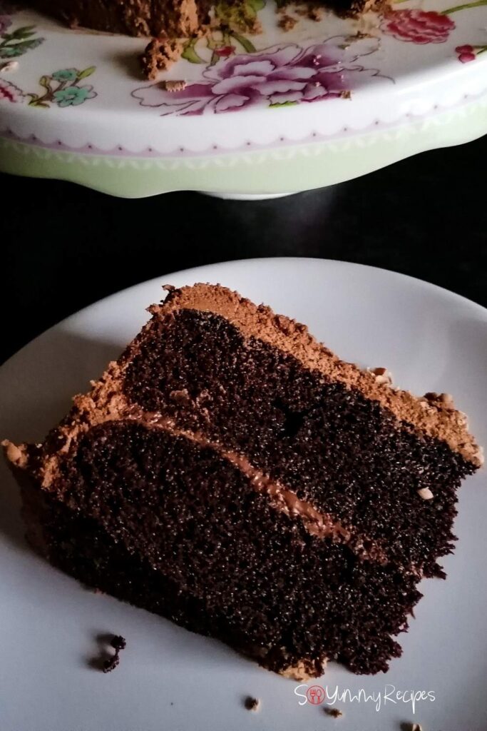 a piece of chocolate cake on a white plate