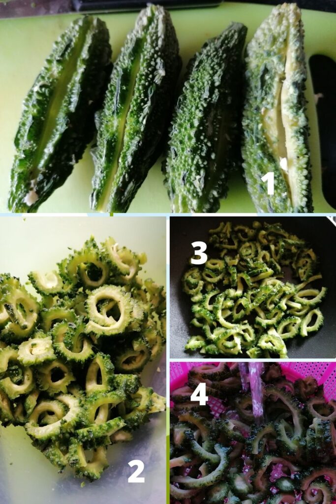 photo collage of how to prepare karela the bitter gourd for cooking