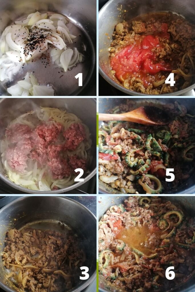 photo collage of how to cook keema karela the minced meat with bitter gourd curry