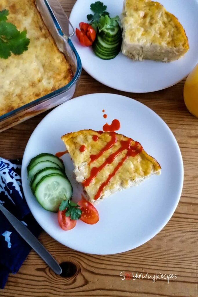 macaroni schotel slices on white plates