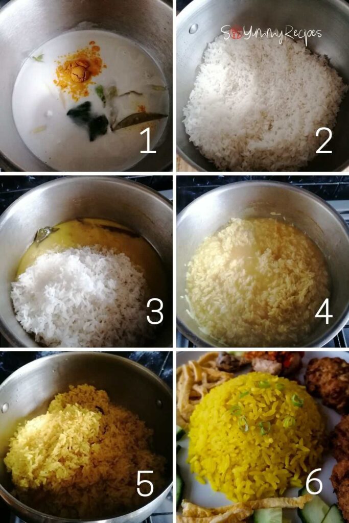 a photo collage of how to cook Nasi Kuning