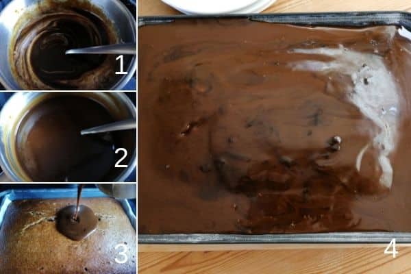photo collage of making toffee sauce and pouring over the cake
