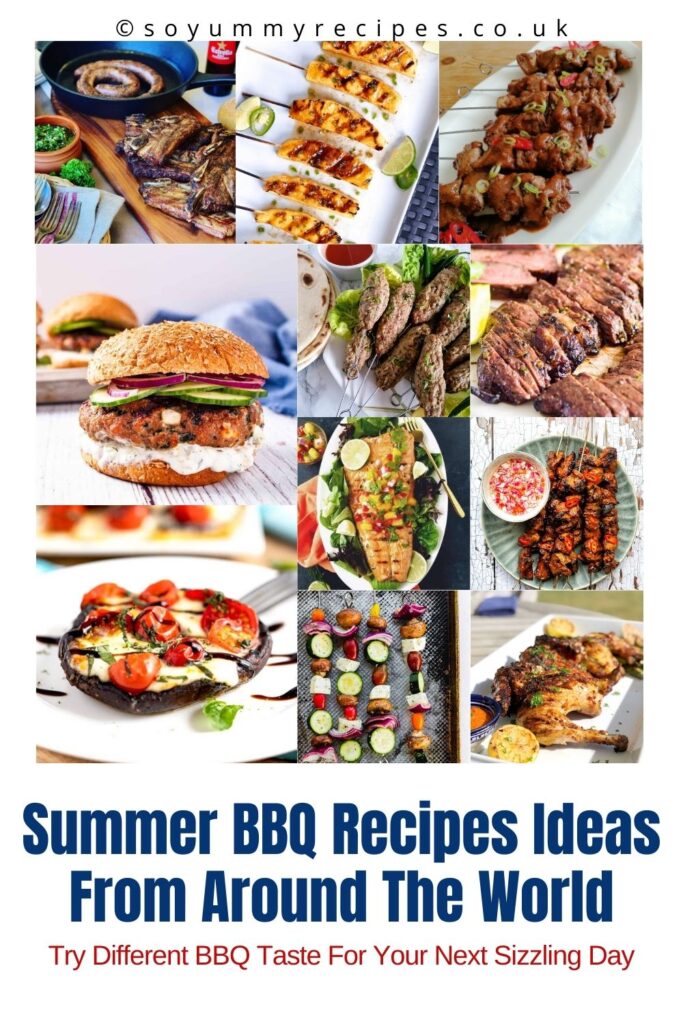 photo collage with overlay text of summer bbq recipes ideas from around the world