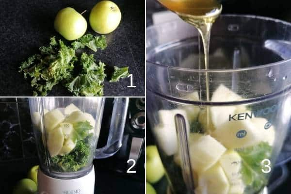 photo collage of making apple and kale smoothie
