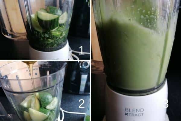 photo collage of how to make cucumber and kale smoothie