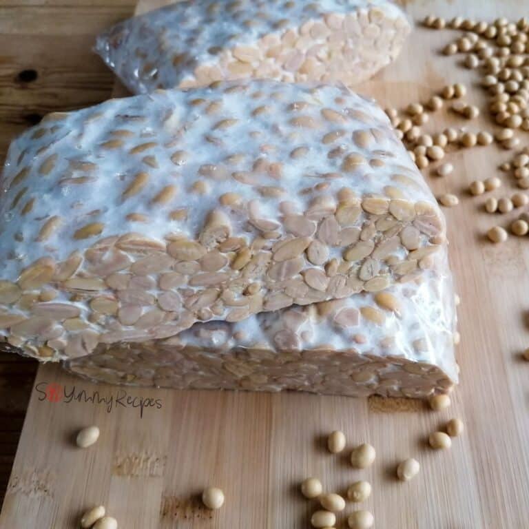three blocks of tempeh with some soya beans scattered around
