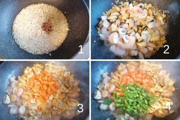 photo collage of getting stuff ready for nasi goreng ingredients