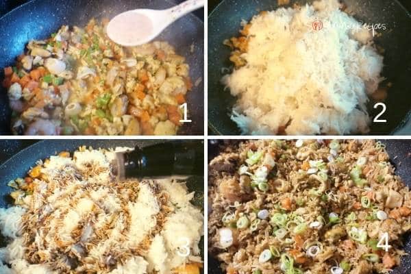 a photo collage of how to make nasi goreng seafood