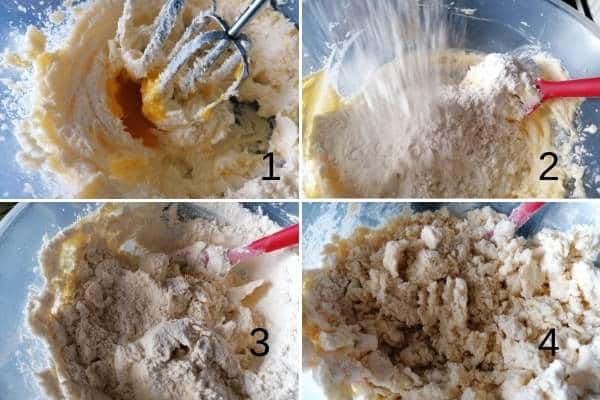 a photo collage of adding flour in butter mixture