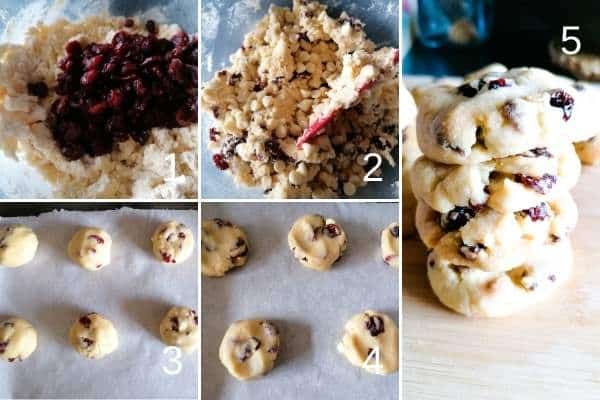 a photo collage of making white chocolate chip and cranberries cookies