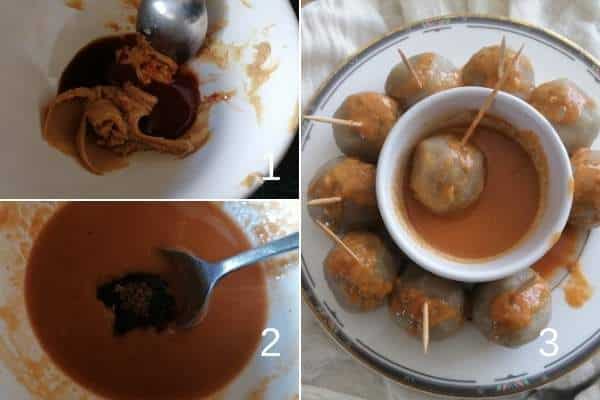 photo collage of making the sauce for cilok and to serve 
