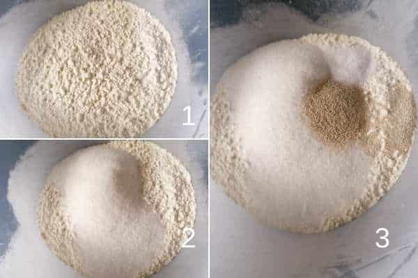 photo collage of mixing flour with sugar and yeast