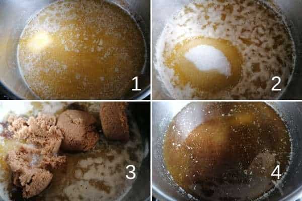 photo collage of melting butter mixed with sugars
