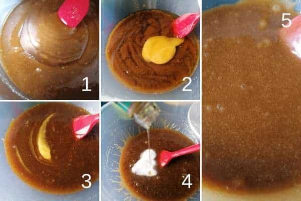 photo collage of adding the egg into the toffee mixture